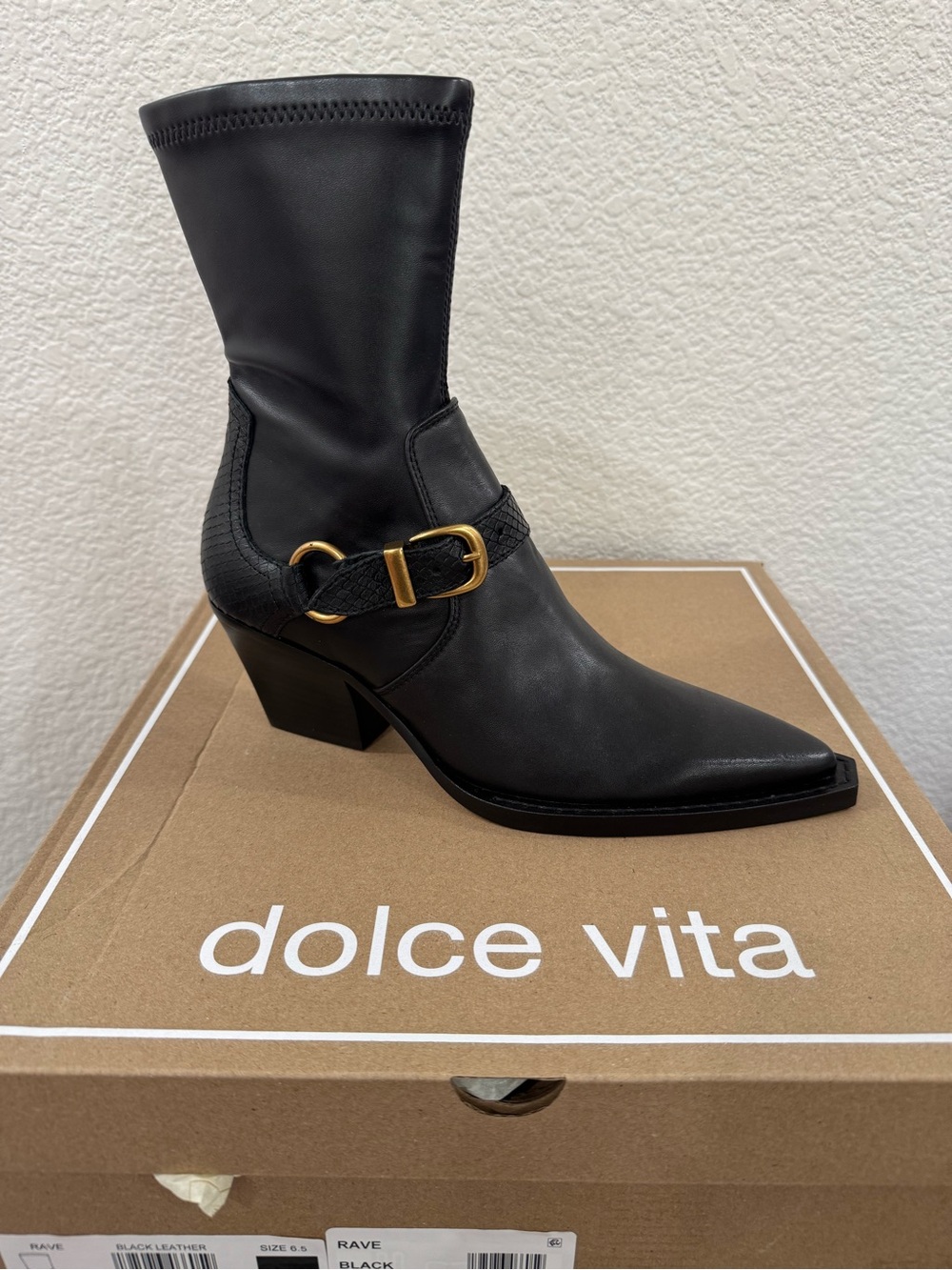 Dolce Vita Black Pointed Mid-Calf Boot with Gold Buckle Accent